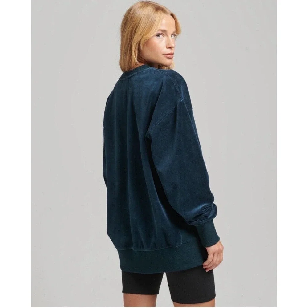Superdry Womens Oversized Logo Velvet Sweatshirt Crewneck Size XS/S Zinc Blue - Picture 5 of 6